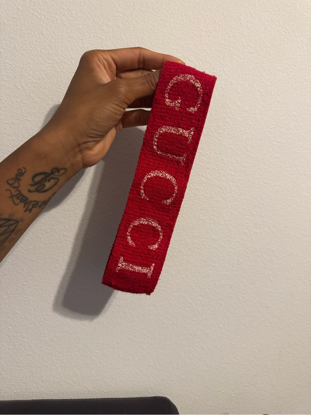 Gucci Red Knit Logo Headband with beige letters